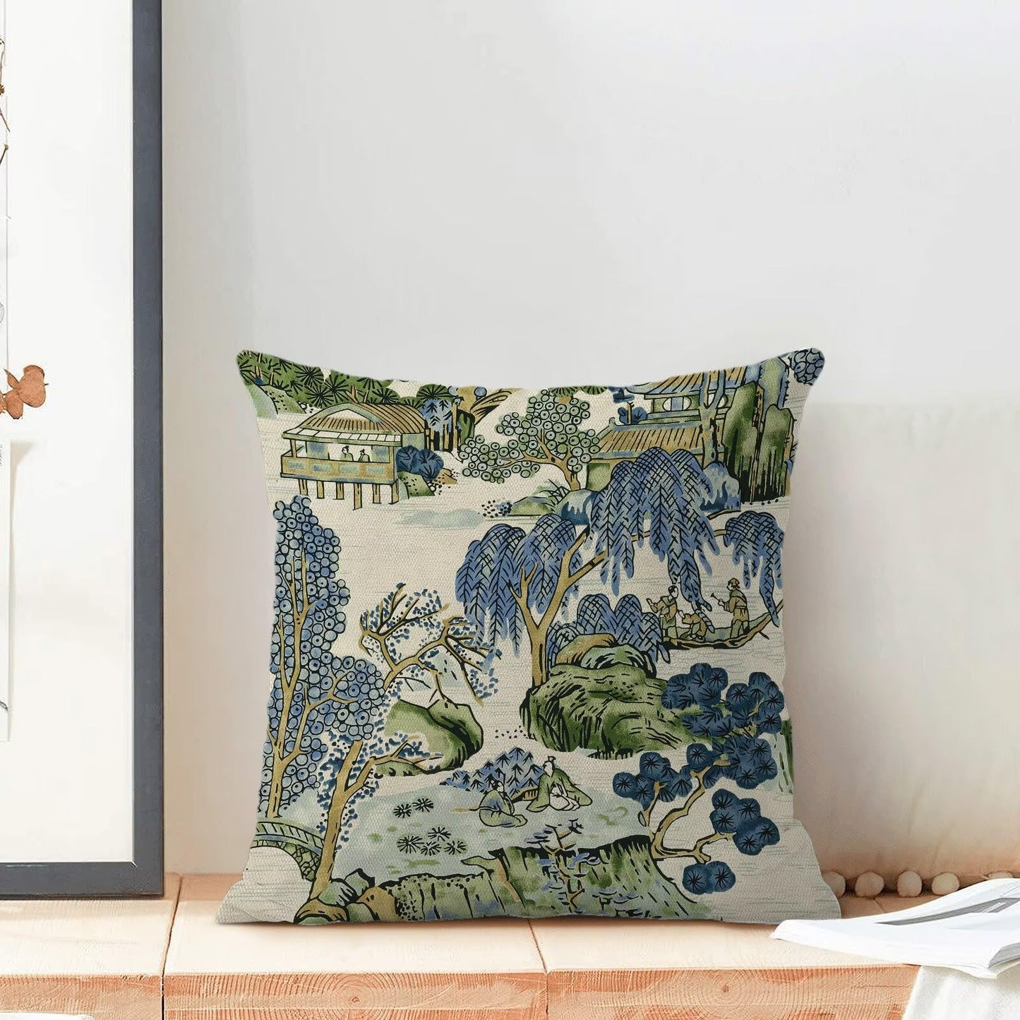 Sage Green Blue Chinoiserie Pillow Covers 18x18 Set of 2 Chinoiserie Tree Leaves Decorative Throw Pillow Modern Outdoor Linen Square Farmhouse Asian Scenic Cushion Cover for Home Couch Sofa