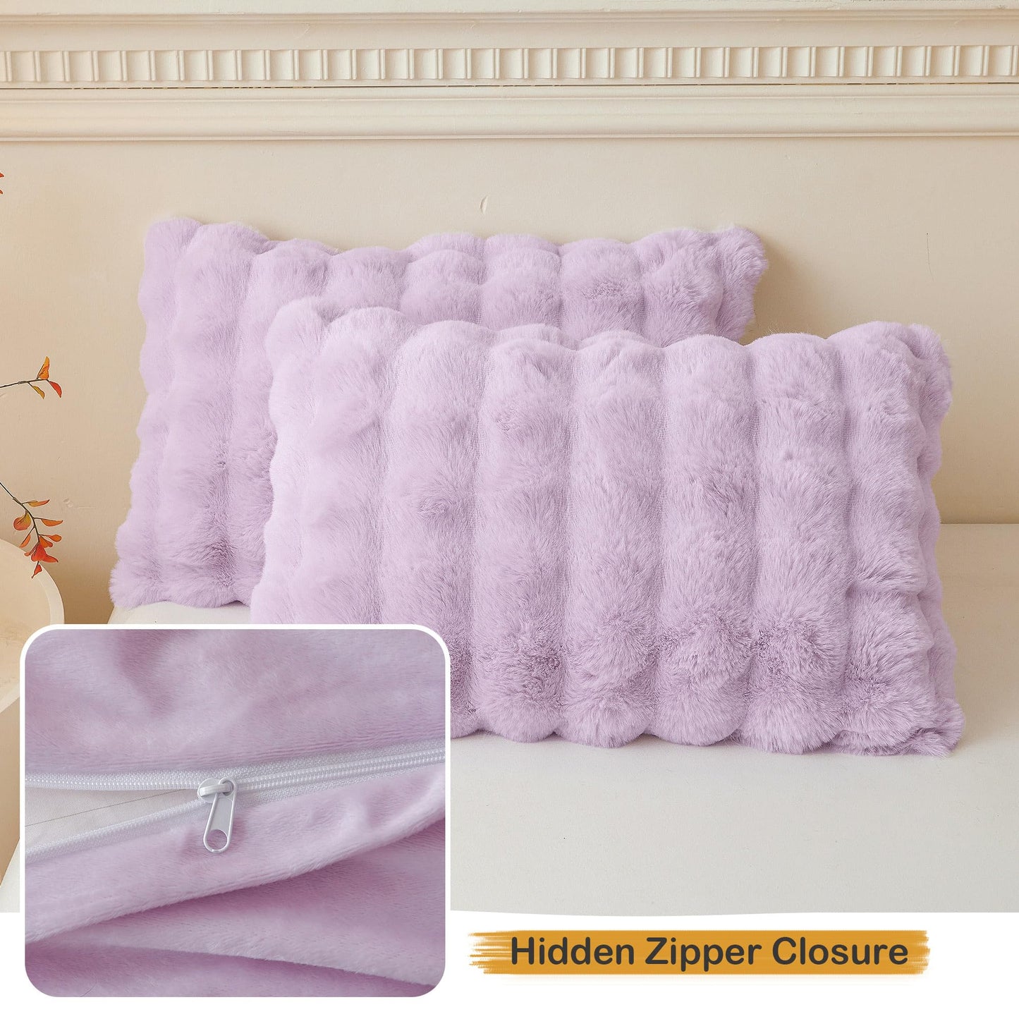 LIFEREVO 2 Pieces Fluffy Faux Rabbit Fur Pillow Cases, Luxury Soft Plush Shaggy Bubble Pillowcases Standard Size with Zipper, Furry Fuzzy Long Pillow Shams for Adult Girls Kids Teens 20x26, Lavender