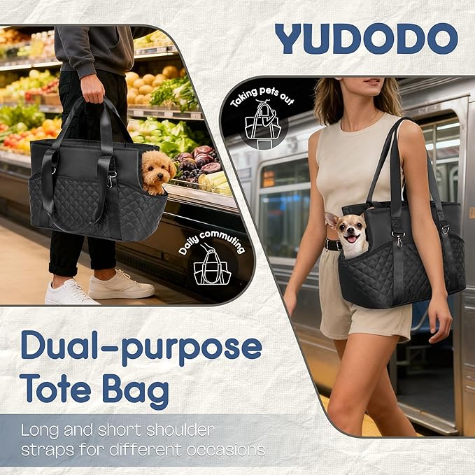 YUDODO 4-12lbs Dog Tote Bag for Women, Lightweight Small Dog Purse Carrier with Large Pockets & Safety Clip, Pet Shoulder Handbag for Travel, Outing, Vet, Black