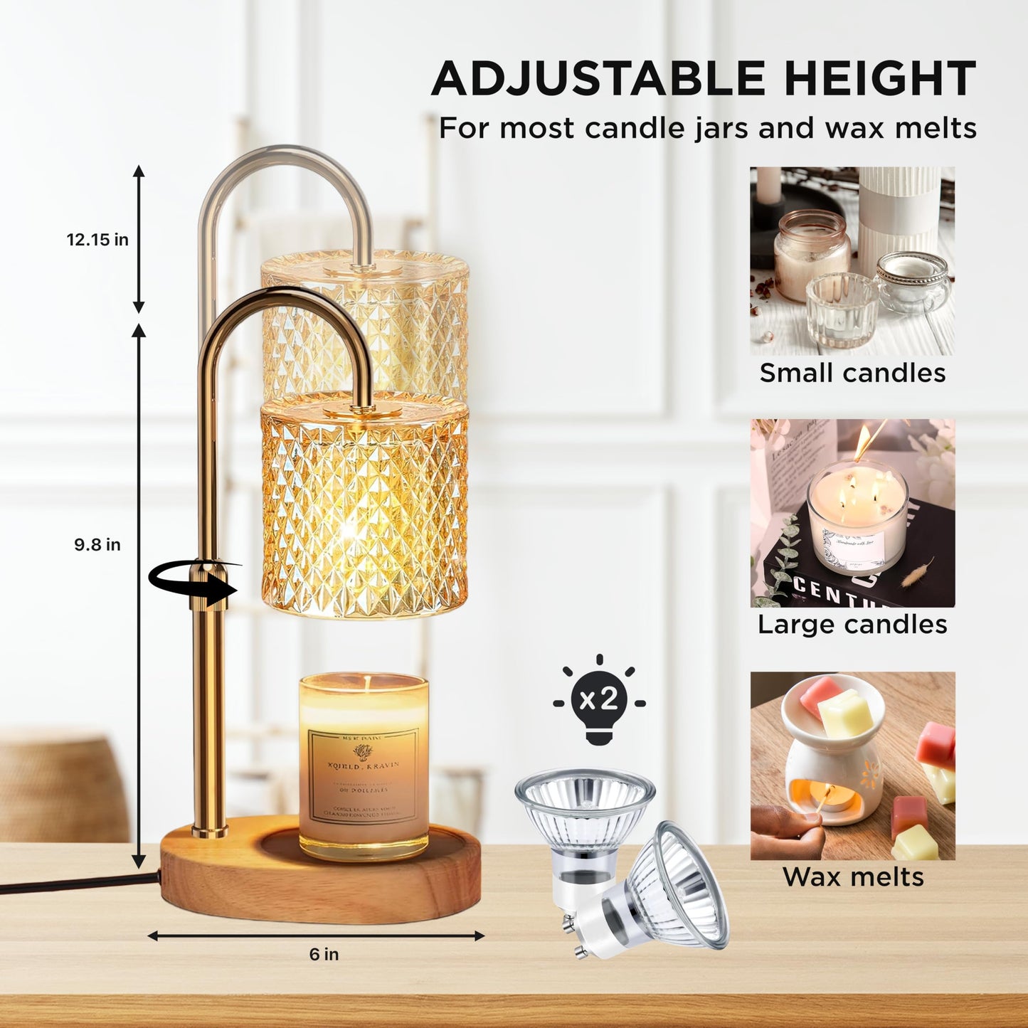 361 Candle Warmer Lamp - Height-Adjustable Wax Melting Warmer Lamp with Timer, Birthday Gifts for Women, 2 Bulb, Ideal for Jar Scented Candles (Golden)