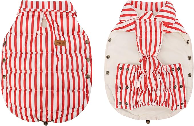 SPACE LION Dog Puffer Jacket, Down Winter Coat, Durable Outdoor Coat for Cold and Windy Conditions, Lightweight & Adjustable Fit Coats for Large Dogs, (RedStripe, Size22/XL+)