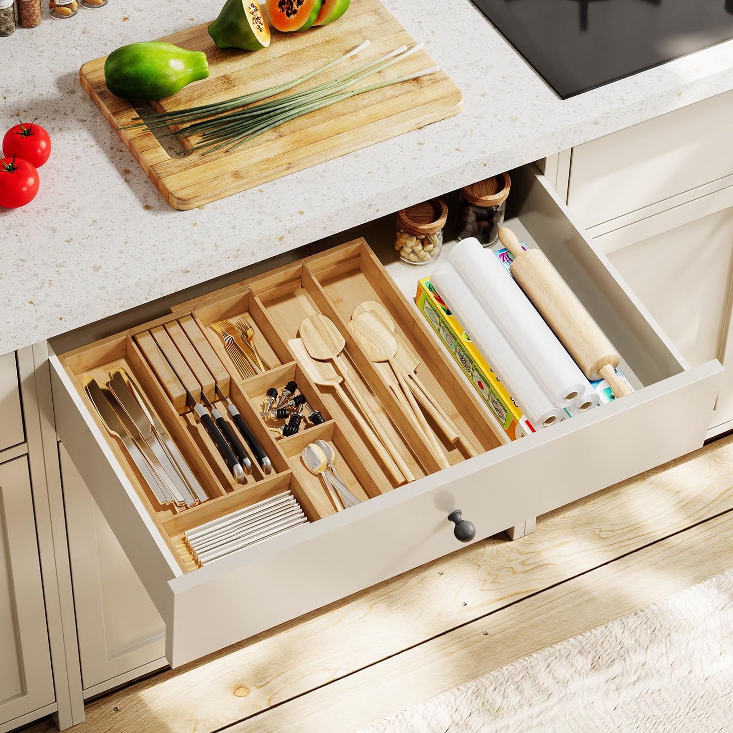 HOOBRO Large Silverware Organizer Kitchen Drawer Organizer, Magnetic Connected Expandable Utensil Organizer From 22 to 35 Inches, Bamboo 16 Slots Cutlery Tray with Knife Holder, Natural YL07TL01