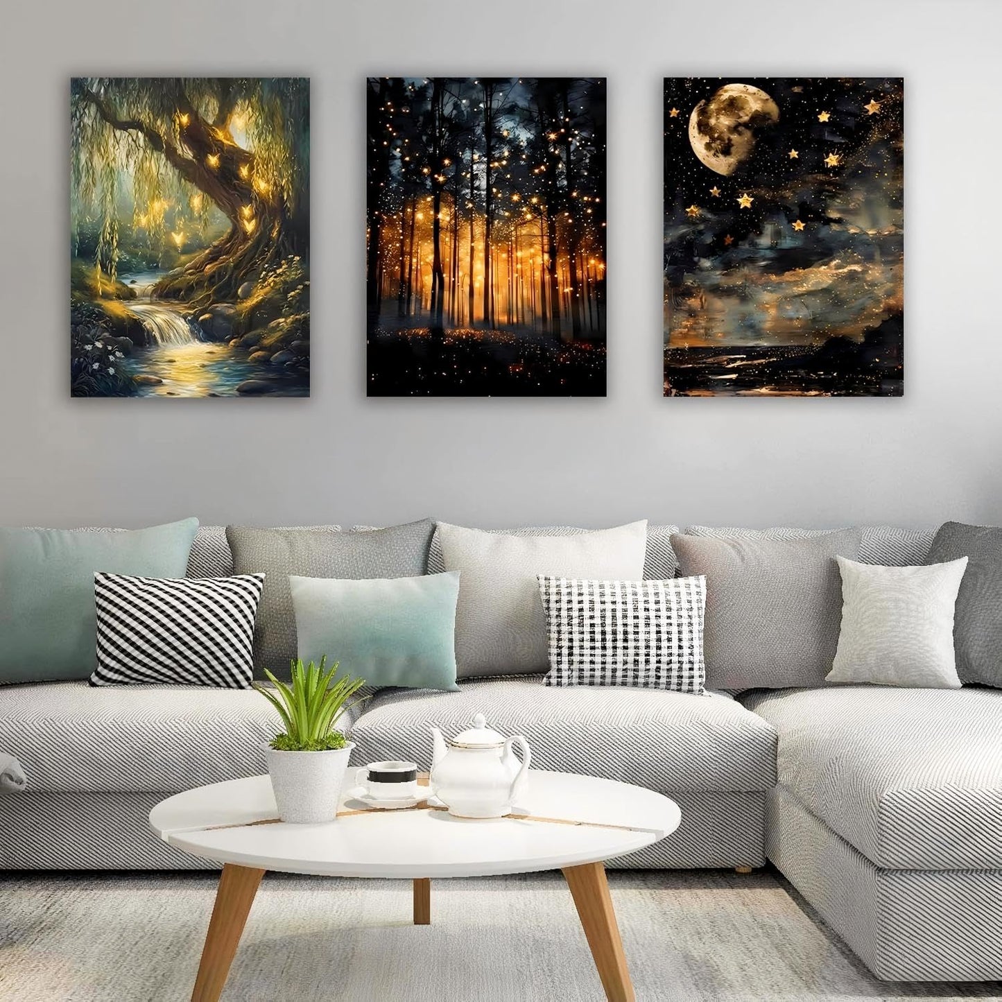 RYZopmuy Enchanted Forest Firefly Wall Art Set 3 Framed Moon Canvas Prints