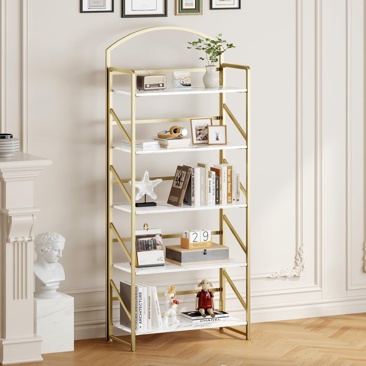 BHG Arched Bookshelf 5 Tier Shelf Storage Organizer Bookcase,No Assembly Folding Book Shelf for Living Room,Bedroom Home Office Rack Bookhelves