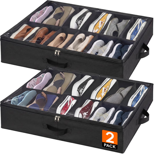 Lifewit Under Bed Shoe Storage Organizer 2 Pack(14 Shoes Cells), 4.3 Inches Profile Fabric Shoes Container Box with Clear Cover, Foldable Storage Bag with 2 Handles, Fits 14 to 28 Pairs