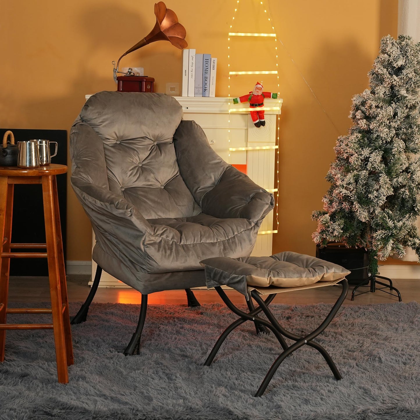 Kokel Lazy Chair with Folding Ottoman,Living Room Chairs, Accent Contemporary Lounge Chair, Single Steel Frame Leisure Sofa Chair with Armrests and A Side Pocket (Light Gray)