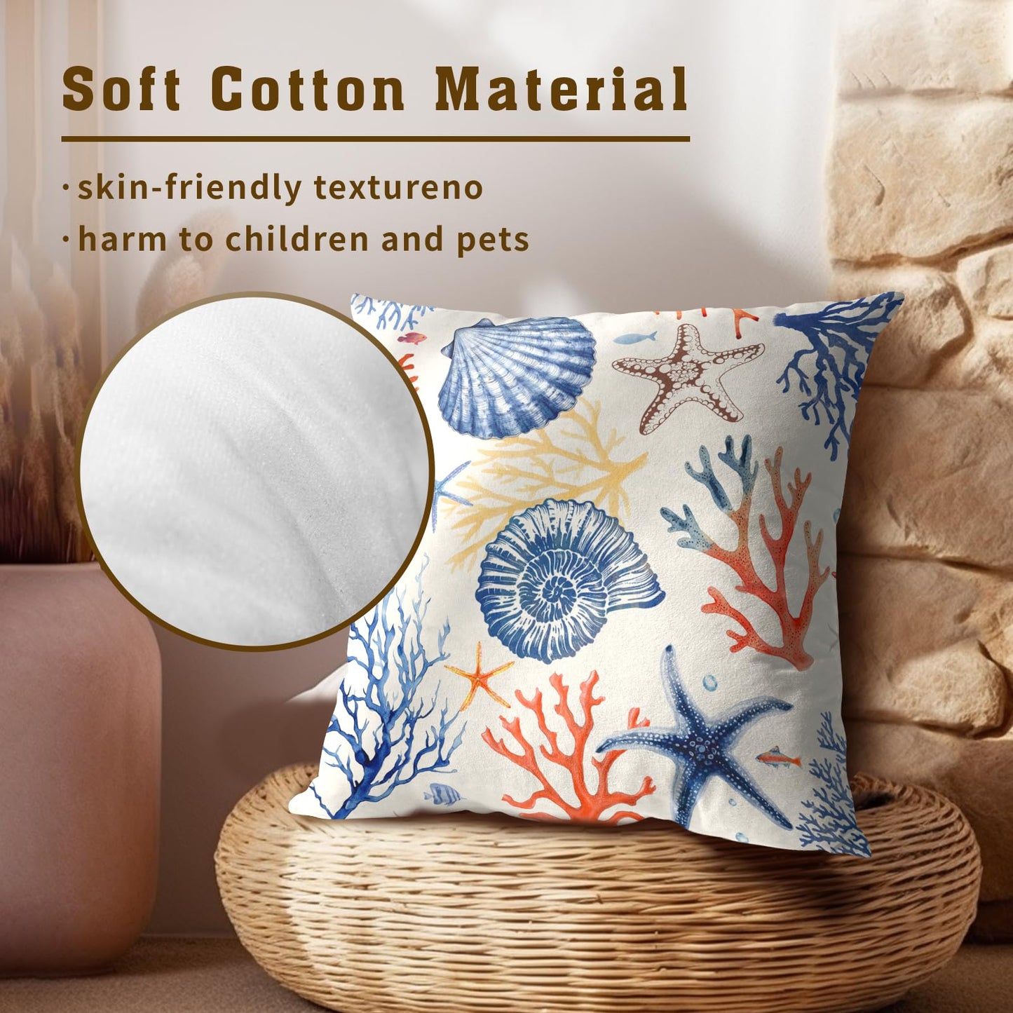 Mweet Nautical Coastal Throw Pillow Covers 18x18 Set of 2, Summer Ocean Beach Coral Decorative Pillow Cases Cotton Cushion Cover for Home Sofa Couch Wedding Anniversary Decor