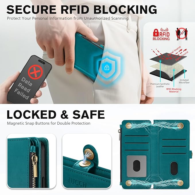TUCCH Detachable Crossbody Wallet Case for iPhone 17 Pro Max (6.9"), 10 Card Slots RFID Blocking | Lanyard Wrist Strap | Wireless Charging | Zipper Pocket | PU Leather Stand Flip Cover | Bluish Green