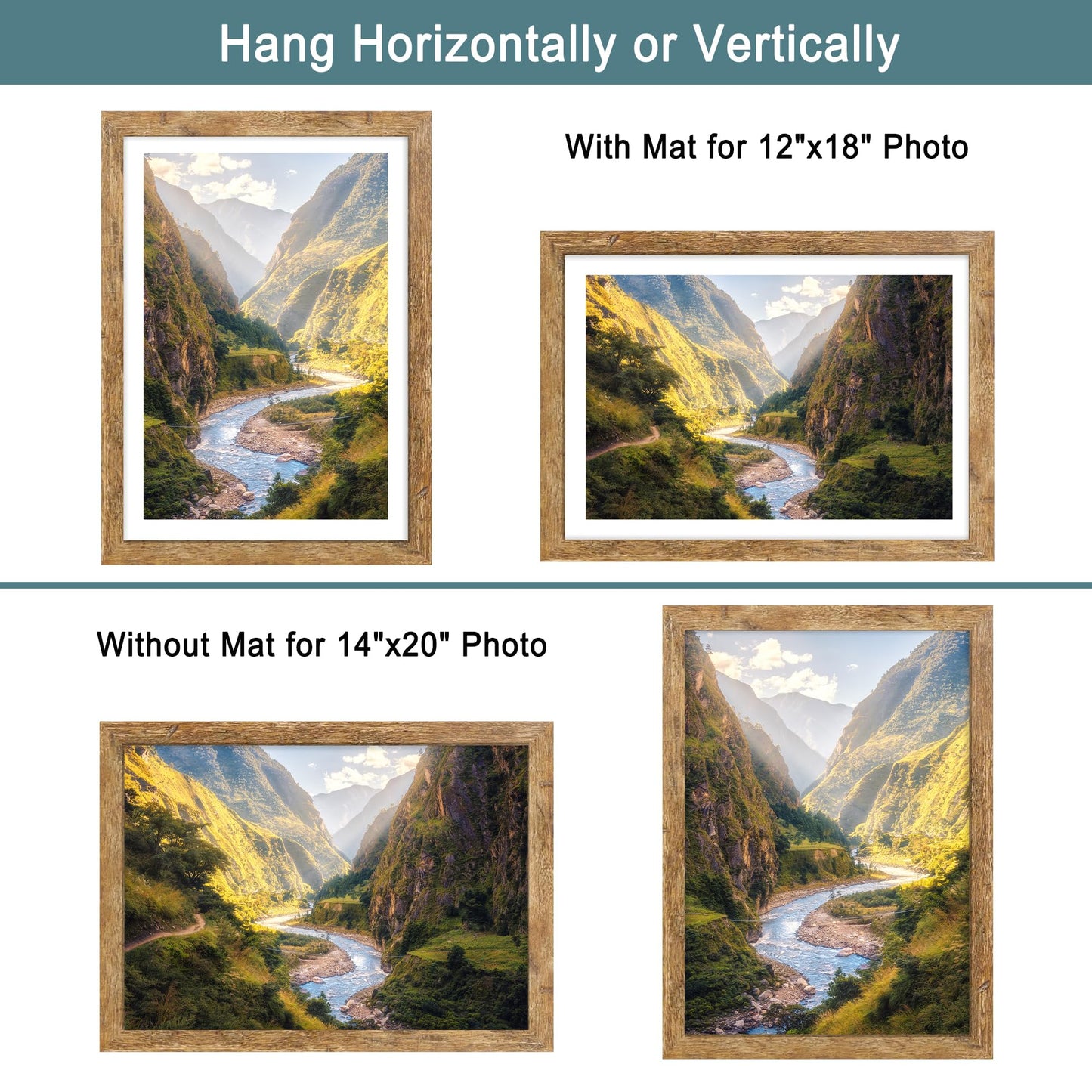 iRahmen 14x20 Picture Frame Set of 2, Brown Rustic Wood Poster Frame with Plexiglass, Display 12x18 Pictures with Mat or 14 x 20 Without Mat for Horizontal or Vertical Wall Mounting