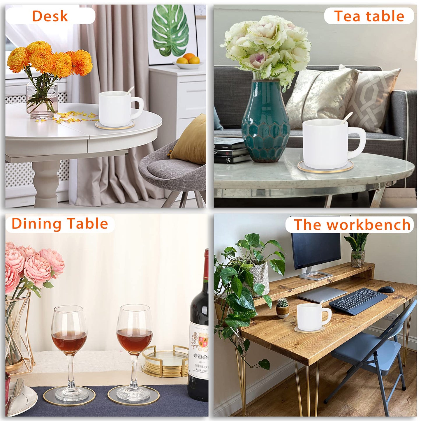JUXYES Set of 8 Glass Round Coasters with Holder, Golden Brass Coasters for Drinks Glass Cup Coaster Set Modern Coaster Cups Mats Decor for Restaurant Kitchen Bar Dining Table