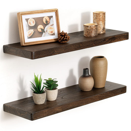 KovaScape 24 Inch Flat Edge Floating Shelves, 8 Inch Deep Solid Elm Wood Wall Shelf, Heavy-Duty Wall Mounted Shelf with Invisible Brackets for Living Room, Bathroom, Kitchen, Set of 2, Walnut Color