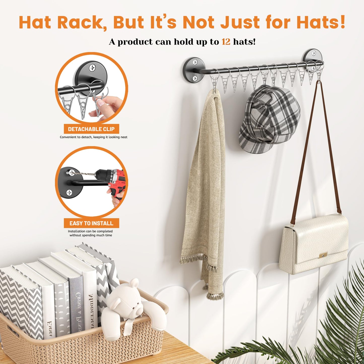 Haikopoon 2 Pack Metal Hat Organizer for Baseball Caps with 12 Large Clips, Wall-mounted Hat Rack Holds up to 24 Hats, Hats Hanger Holder for Closet Wall Storage, Fits All Caps Display-Black