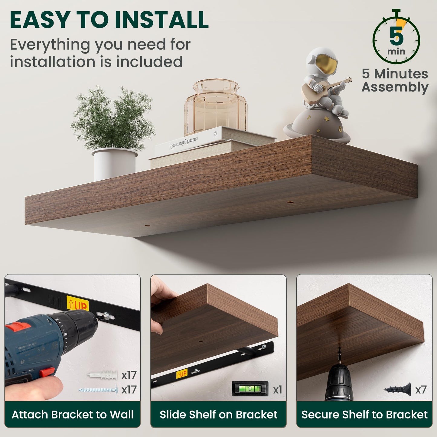 KovaScape Floating Shelves for Wall, 24 Inch x 8 Inch Deep Wall Mounted Wood Shelf with Invisible Brackets for Storage & Display, Living Room Bedroom Kitchen, Walnut, Set of 2