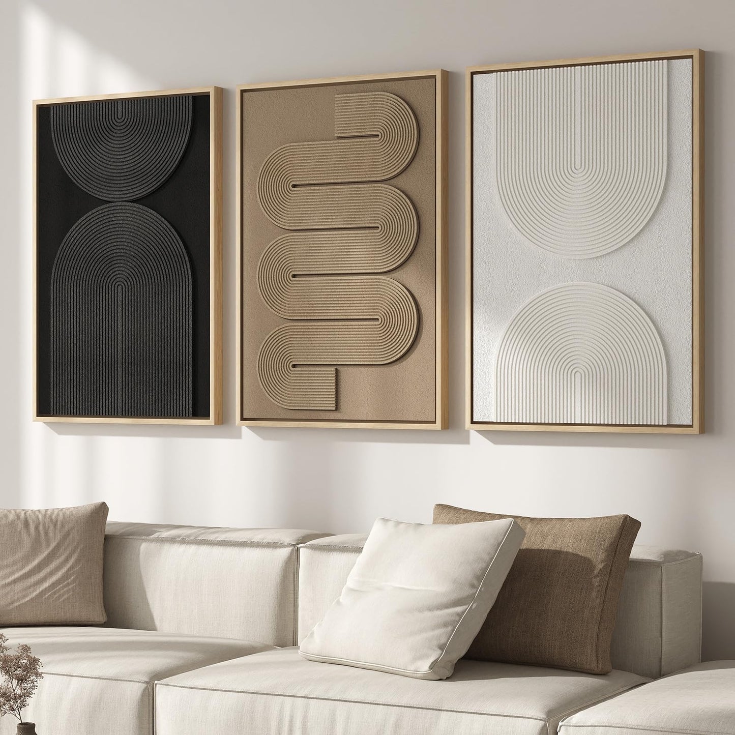 Large 3D Textured Framed Boho Modern Neutral Abstract Wall Art for Living Room, 3 Piece Black White Brown Paintings Artwork for Walls, Geometric Pictures for Office Bedroom Dining Room Decor, 24x36 In