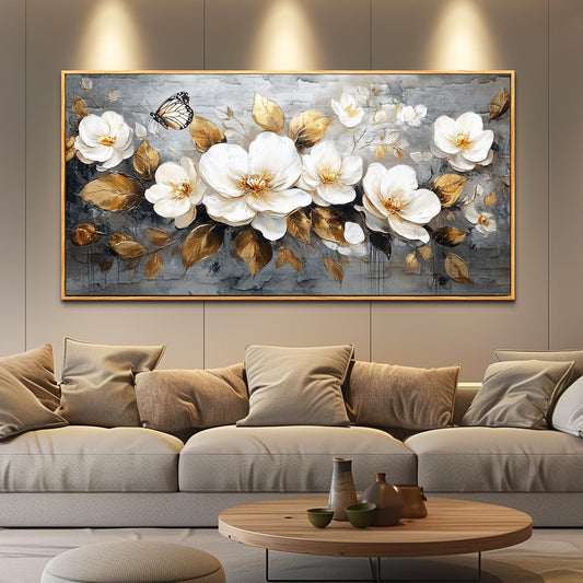 FUHAIHUA Large Wood Framed Wall Decor For Living Room Canvas Wall Art For Office Modern Wall Decorations For Bedroom White Flower Painting Farmhouse Pictures Artwork Room Home Decor 24x48 In