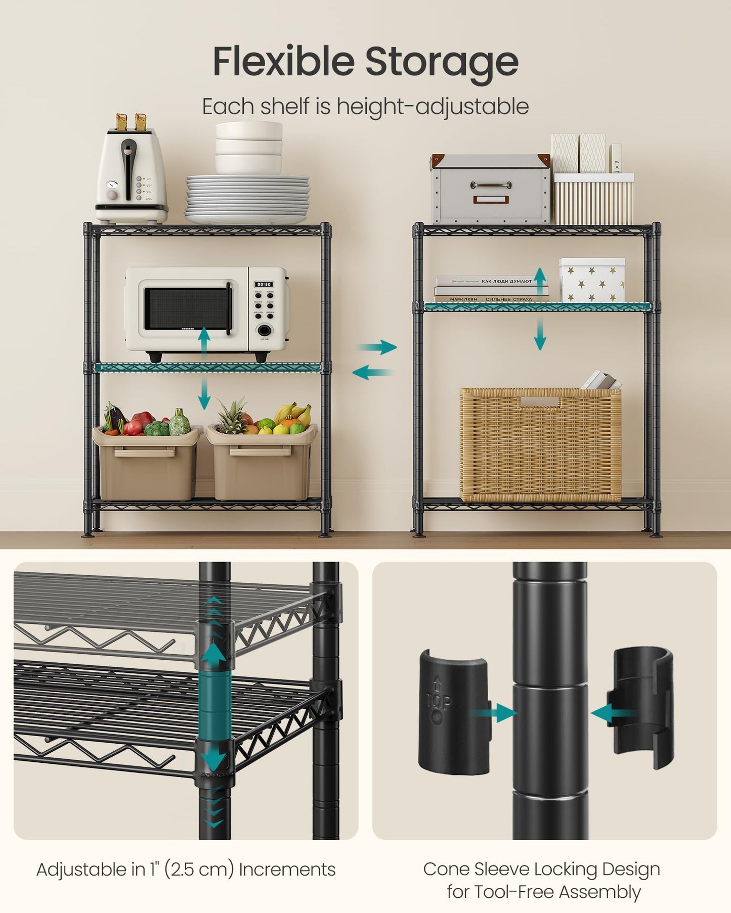 SONGMICS Storage Shelf, Metal Wire Shelving Unit, Adjustable Shelves, for Garage, Bedroom, Living Room, Kitchen, Pantry, 3 Tier, 11.8 x 23.6 x 30 Inches, Ink Black ULGR163BH01S