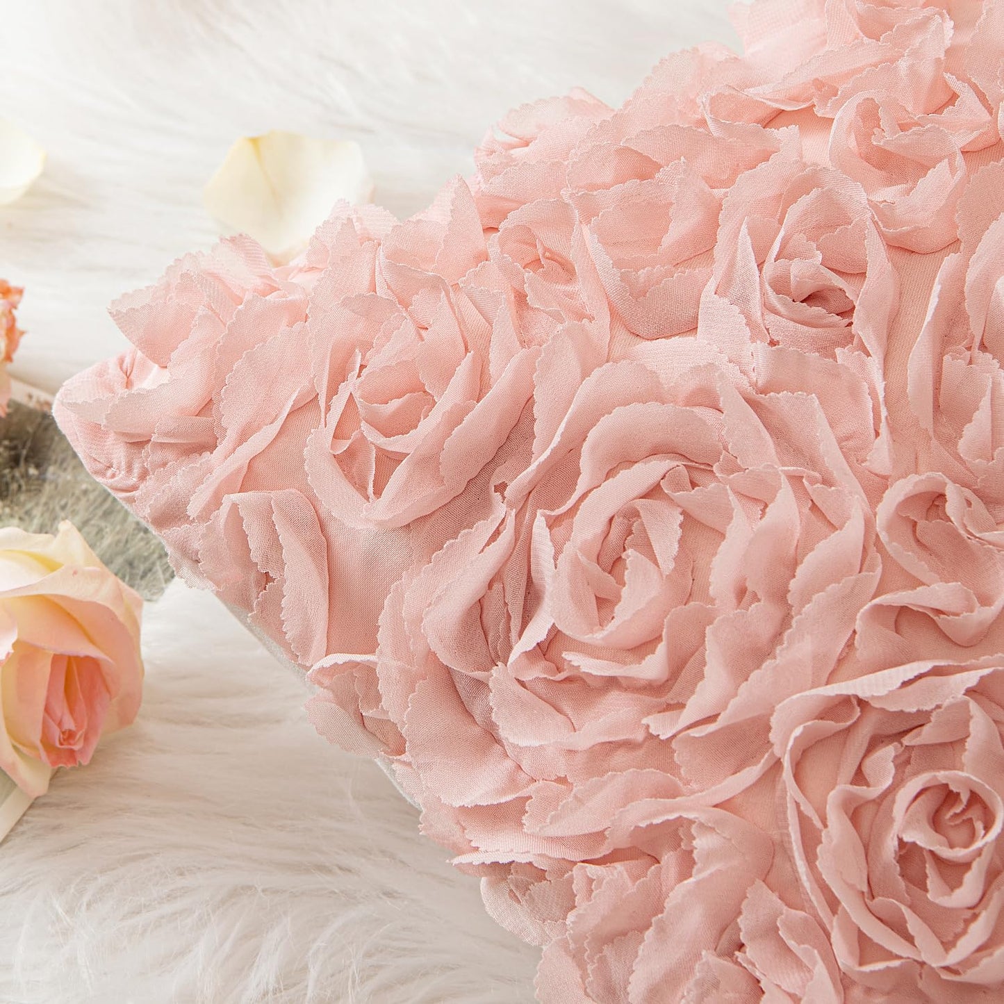 MIULEE 3D Rose Flower Pillow Cover Decorative Spring Floral Romantic Stereo Chiffon Aesthetic Solid Pillowcase for Girl Bedroom Living Room Decor 12x12 Inch Peach Pink