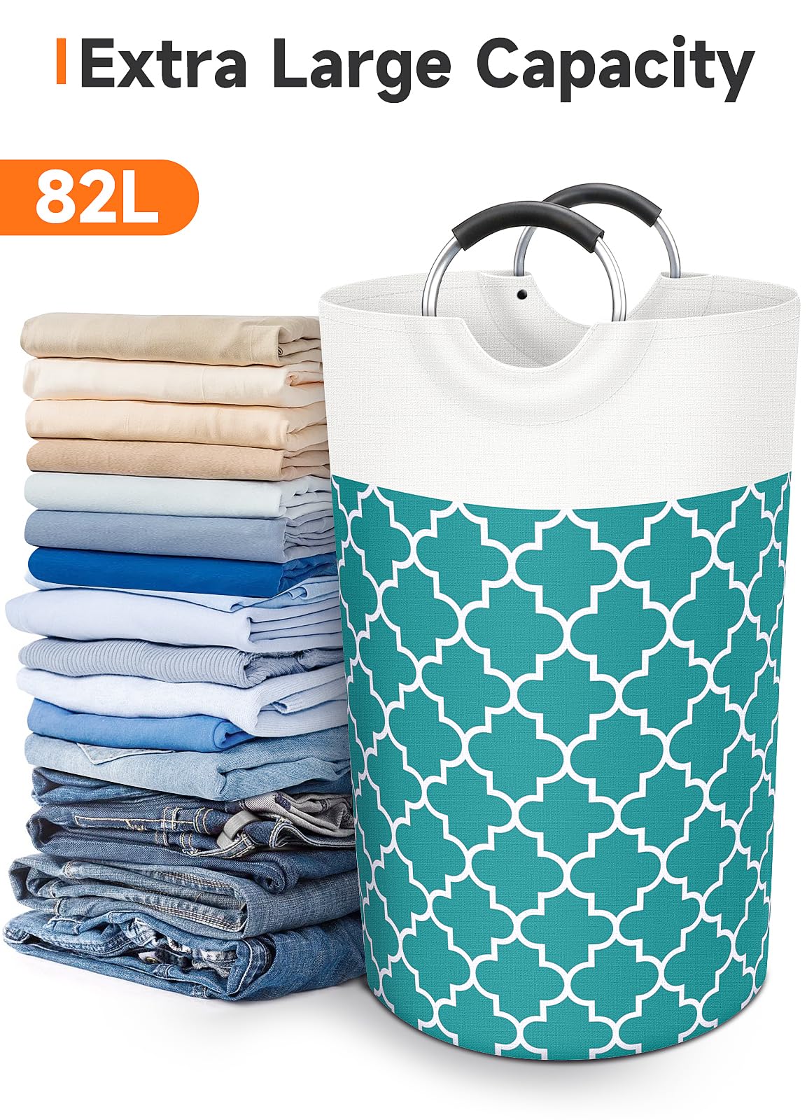 Fabspace Large Laundry Basket Laundry Hamper Bag Washing Bin Clothes Bag Collapsible Tall with Handles Waterproof Travel Bathroom College Essentials Storage for College Dorm, Family (Green) 82L