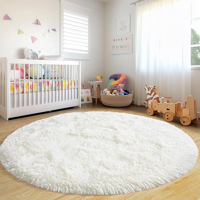 Round Fluffy Rugs 4Ft for Girls Bedroom, Cream White Shag Circle Kids Rug Non-Slip for Bedside Dorm Nursery Playroom, Soft Cute Area Rugs for Living Room Decor