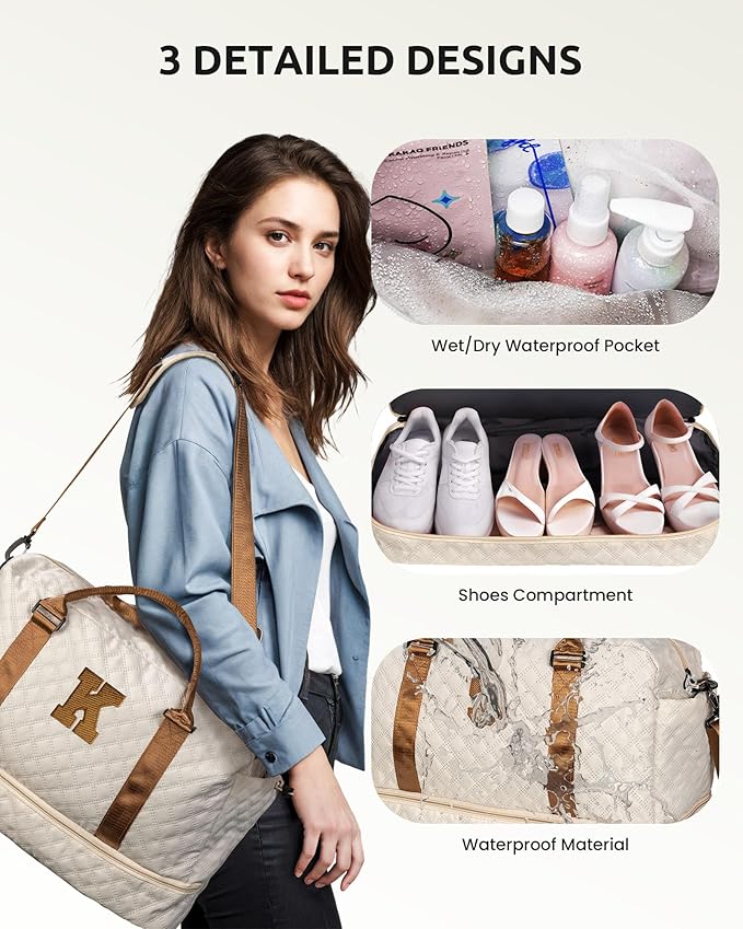 Vogewood Gifts for Friends-Initial Duffle Bag with Shoe Compartment, Personalized Weekender Bag, Monogram Overnight Bag, Travel Bag with Makeup Bag，Birthday Gifts Bag for Daughter Sister (Letter I)