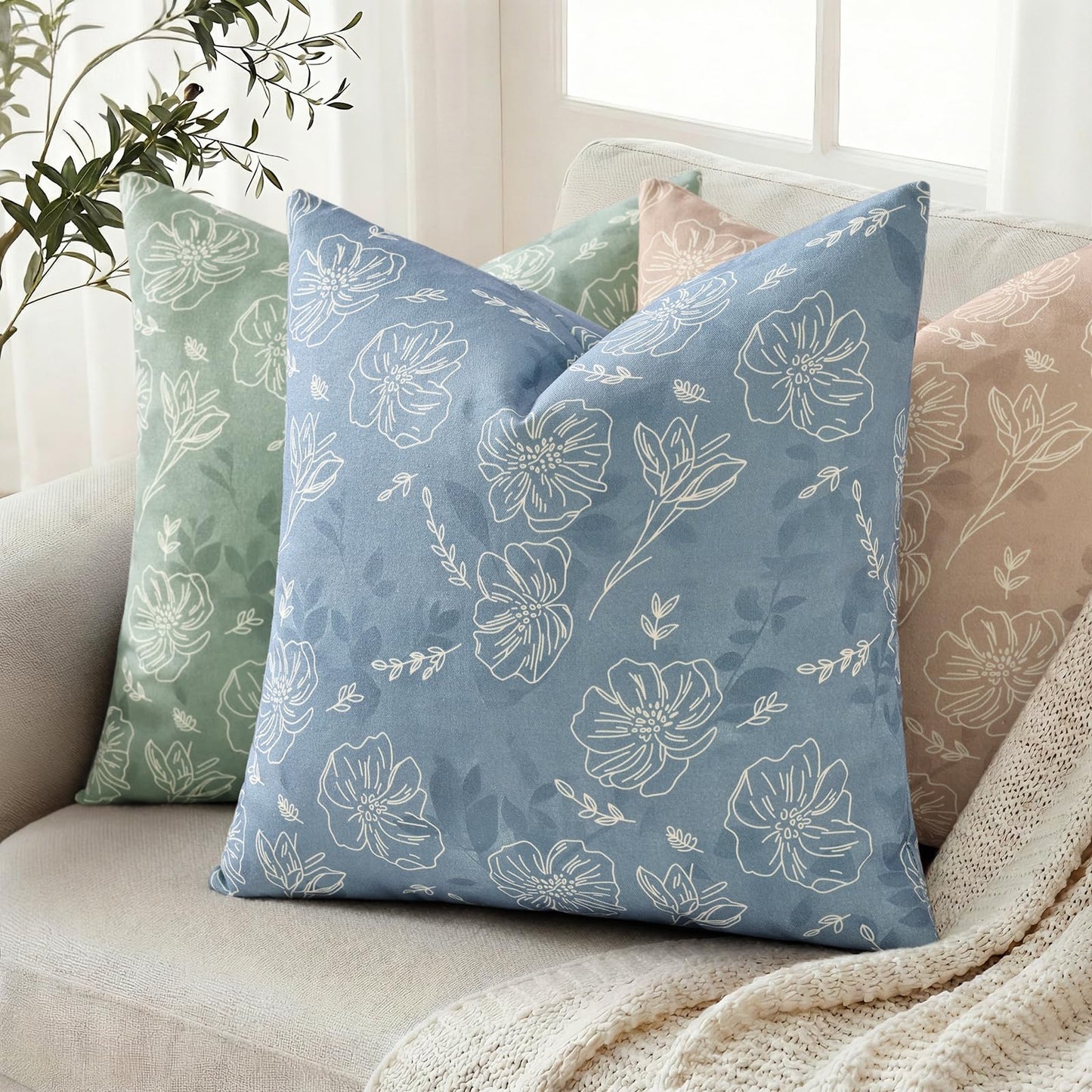 decorUhome Floral Botanical Pillow Covers 24x24 Set of 2, Faux Linen Decorative Throw Pillow Covers with White Line Flower Print for Couch Sofa Bed, Blue