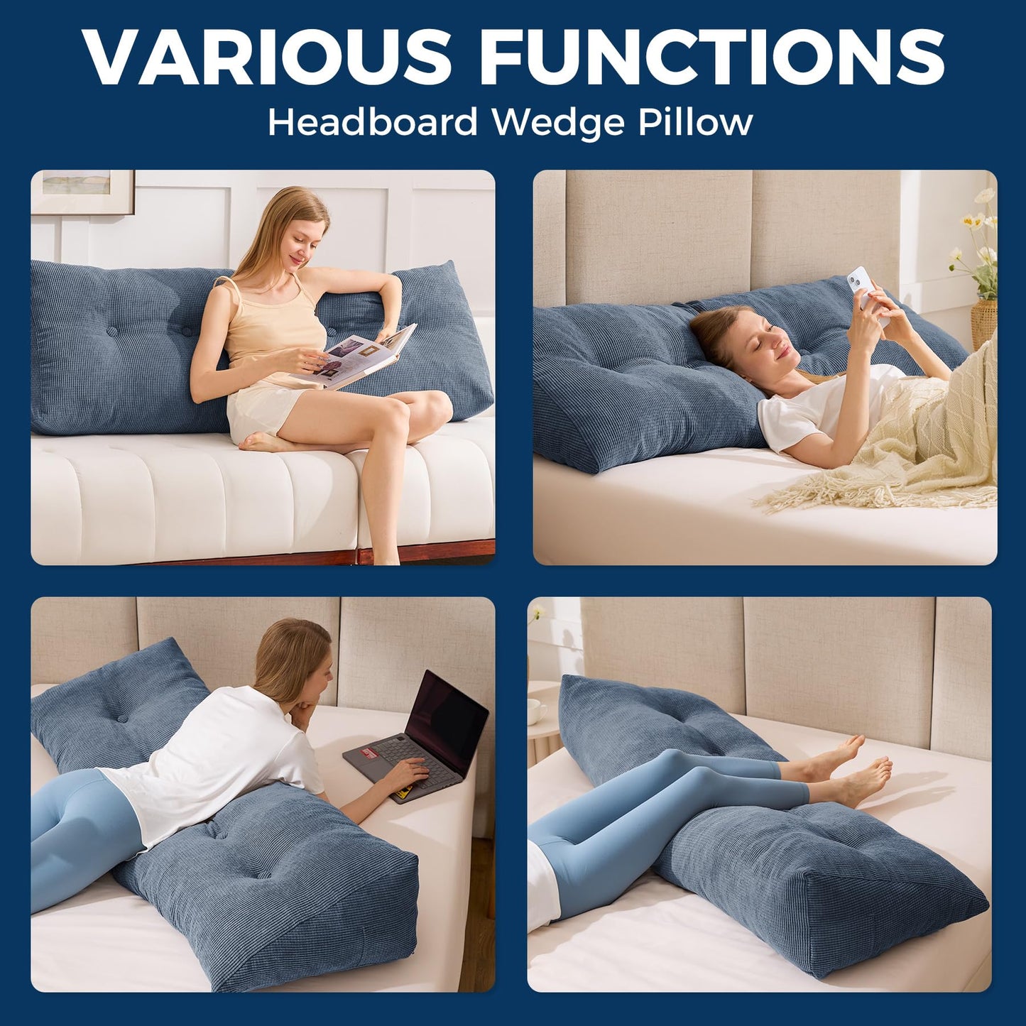 IASEAHK Headboard Pillow Twin, Triangle Pillows for Headboard, Head Board Backrest Wedge Pillow for Reading Sitting Working, Daybed Pillows with Removable Cover for Bed Dorm Sofa, Navy Blue