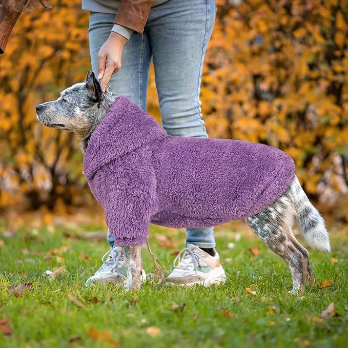 Fuzzy Dog Hoodie Dog Sweaters for Large Dogs Soft Double-Sided Plush Fleece Pet Sweater Pet Clothes Coats Hoodie Sherpa Hooded Sweatshirt(Purple-XXL)