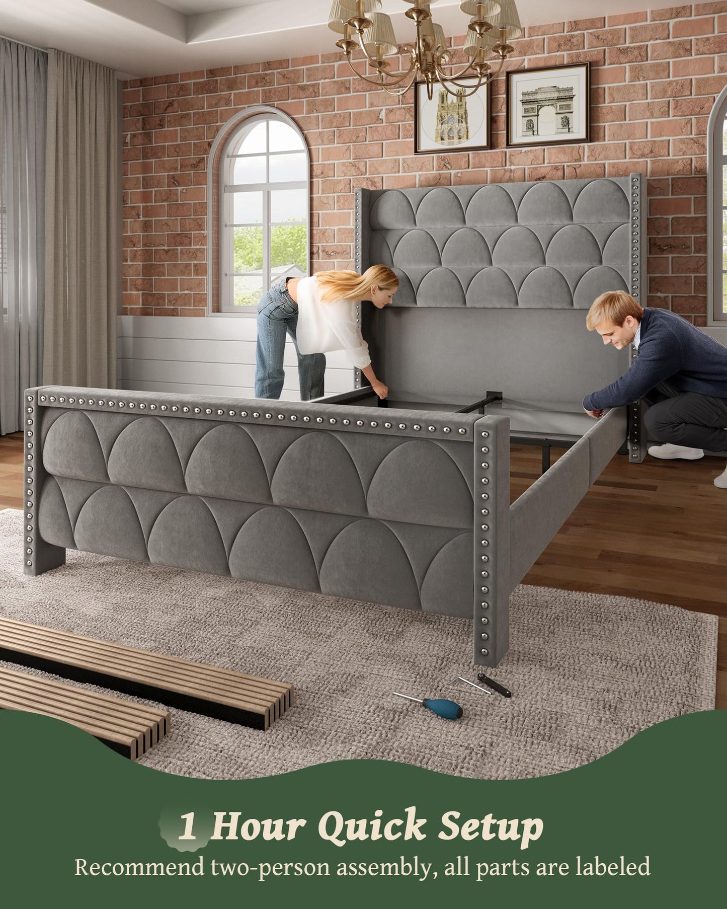 OHOHOLIVE Queen Size Bed Frame with 56" Headboard - Velvet Upholstered Wingback Platform Bed Frame, Noise Free, Sturdy Wooden Slat Support (Deep Gray, Queen)