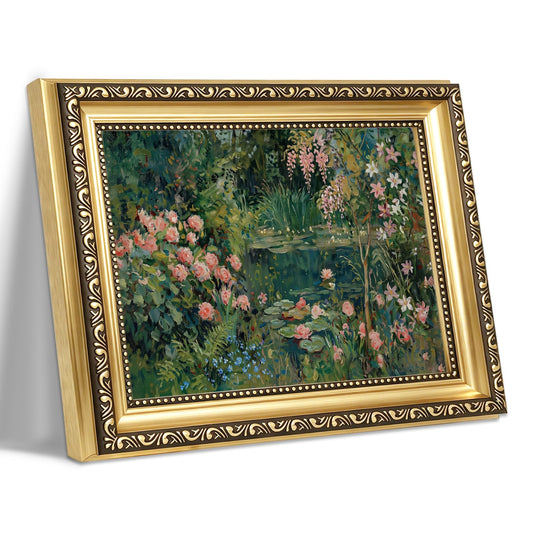 Vintage Floral Landscape Framed Wall Art Impressionist Water Lily Pond Canvas Print Antique Flower Oil Painting Luxury Gold Frame for Living Room Bedroom Kitchen Home Office Gallery Wall Decor Gift for Art Lovers Friends New Homeowners 12x16 Inch