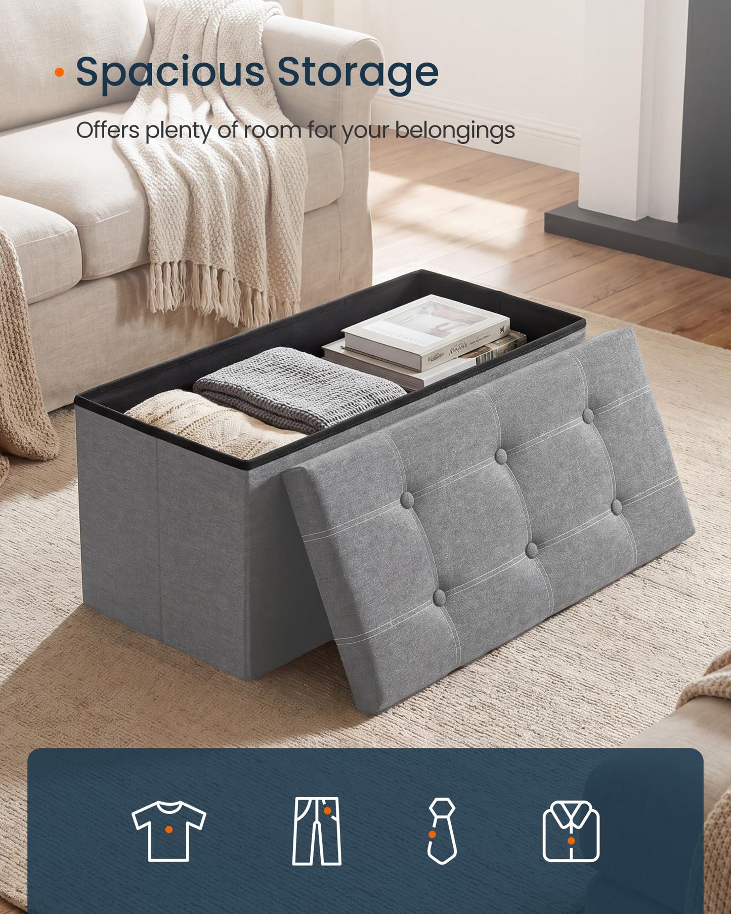 SONGMICS Home Storage Ottoman, 21 Gallons End of Bed Bench, 15.2 x 30.2 x 15.2 Inches, for Bedroom, Entryway, Living Room, Light Gray