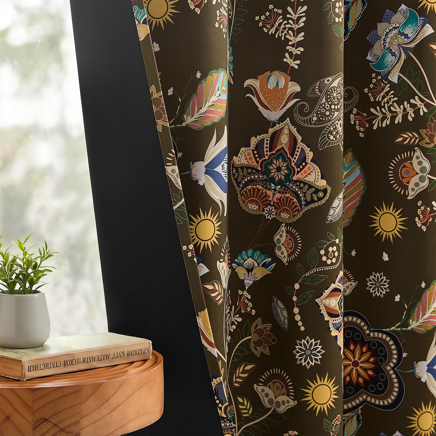 XiDi Floral Curtains 100% Blackout Vintage Patterned Black Out Curtain 63 Inches Long Thermal Insulated Window Drapes 2 Panels Grommet Room Darkening Curtain for Living Room Bedroom Olive Green 52x63