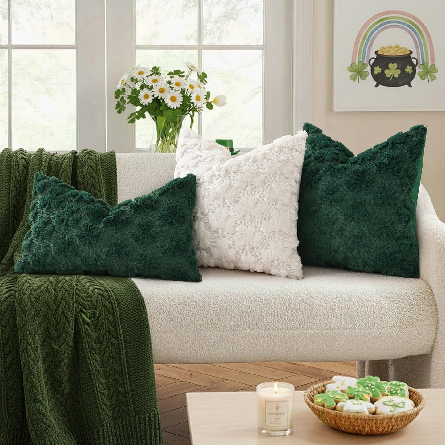 decorUhome St. Patrick’s Day Shamrock Pillow Covers 12x20 Inch Set of 2, Soft Plush Faux Wool Cream White Throw Pillow Covers, Farmhouse Spring Holiday Decor for Sofa Living Room