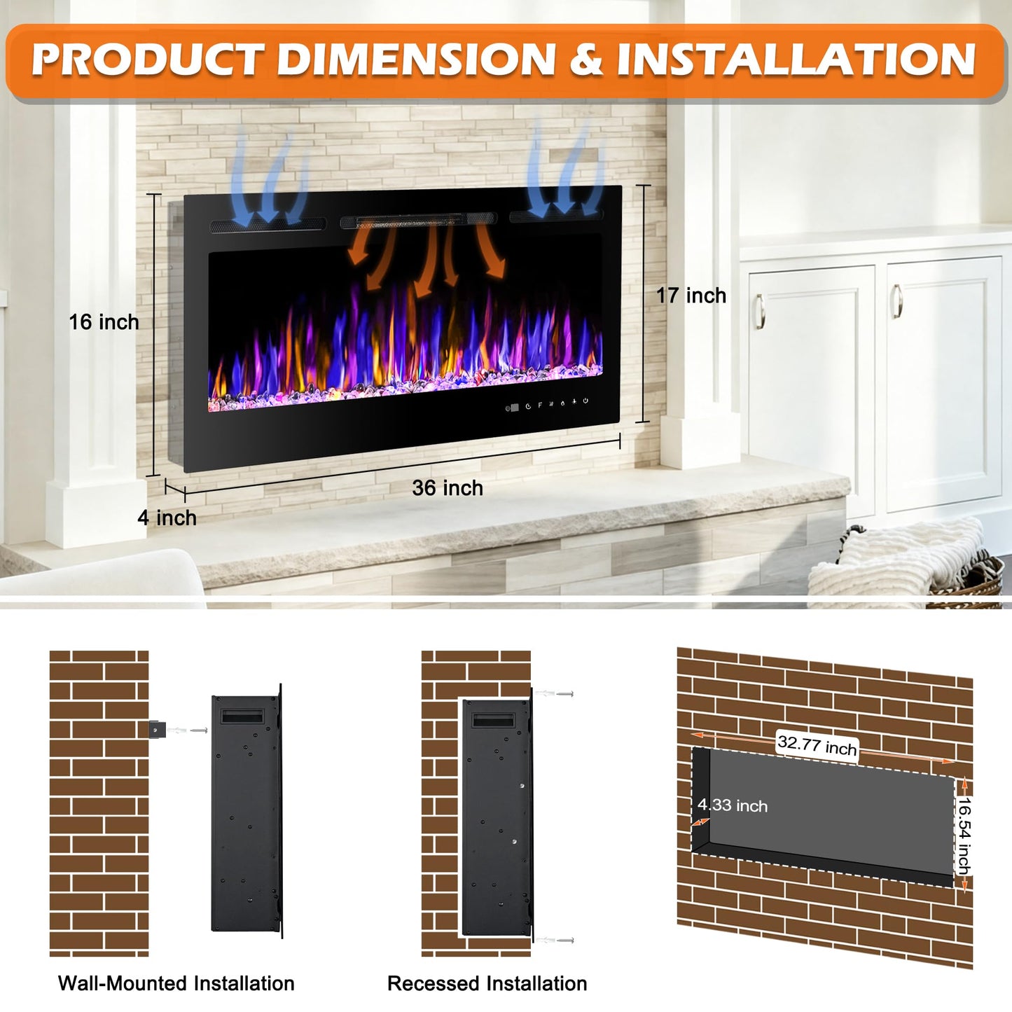 BETELNUT 36" Electric Fireplace Wall Mounted and Recessed with Remote Control, 750/1500W Ultra-Thin Wall Fireplace Heater W/Timer Adjustable Flame Color and Brightness, Log Set & Crystal Options