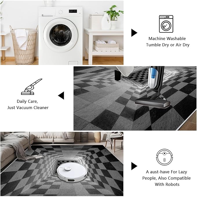 3D Rug 6x9, Plaid Soft Ultra Soft Faux Wool Low Pile Optical Illusion Rug, Indoor Floor Mats Abstract Geometric Carpet, Non-Slip Stain Resistant Washable Rugs, Modern Gray Rugs for Living Room