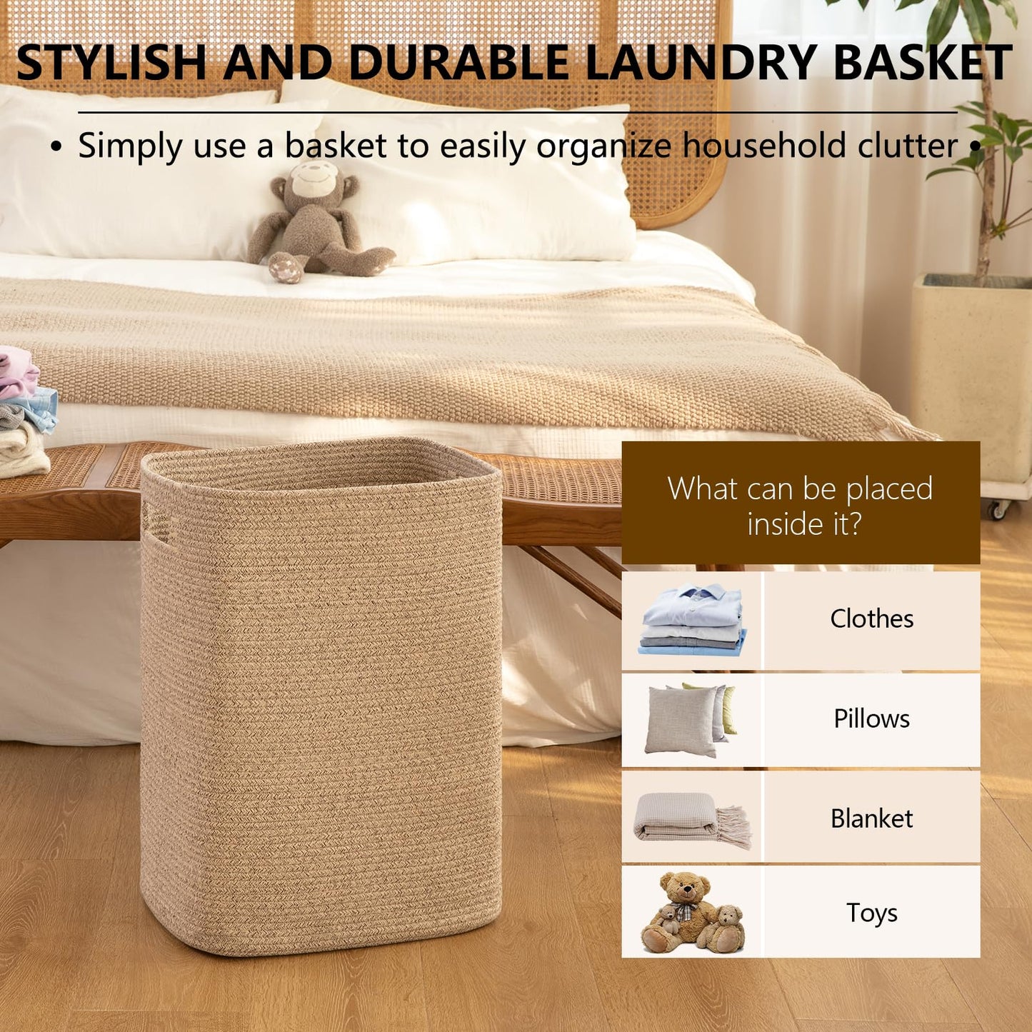 OIAHOMY Laundry Hamper, Rectangle Cotton Laundry Basket with Handles, Large Blanket Basket for Living room, Woven Decorative Storage for Toys,Clothes,Pillows-16x13x22in-Brown variegated