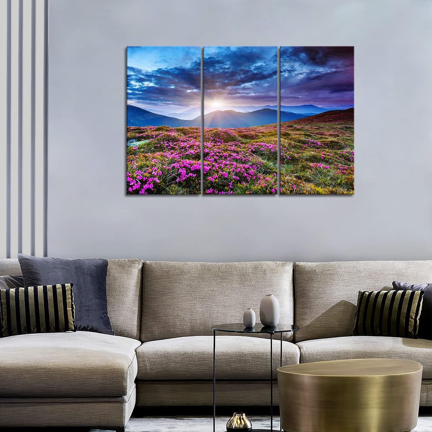 3 Panel Wall Art Mountain Landscape Spring Canvas Sunrise Blue Skyline Purple Flowers Picture Print On Canvas Art for Living Room Kitchen Home Decor