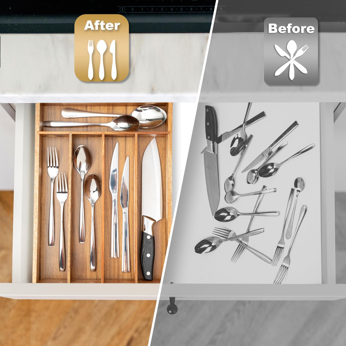 Conflech Silverware Organizer Acacia Kitchen Drawer Organizer Utensil Organizer Silverware Holder Cutlery Organizer in drawer Flatware Organizer Tray (Acacia 5 Slots)