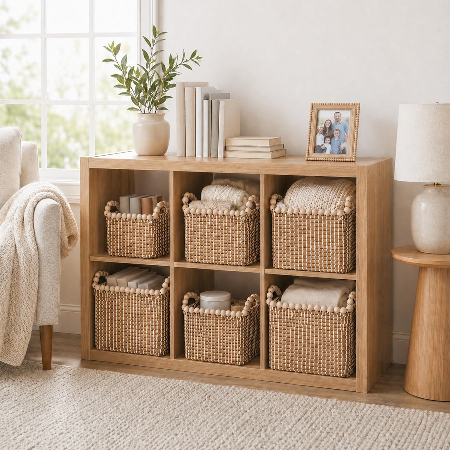 Handwoven Seagrass Shelf Baskets, Set of 3 Decorative Storage Bins with Bead-Accented Handles, Vietnamese Woven Baskets for Entryway, Bathroom, Bedroom, and Living Room