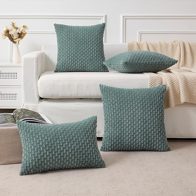 Kevin Textile Decorative Pillow Covers Set of 2 Striped Plush Corduroy Pillows Pillowcases Boho Home Decor Cushion Covers for Couch Sofa Bed Living Room 22x22 Inch, Teal Green