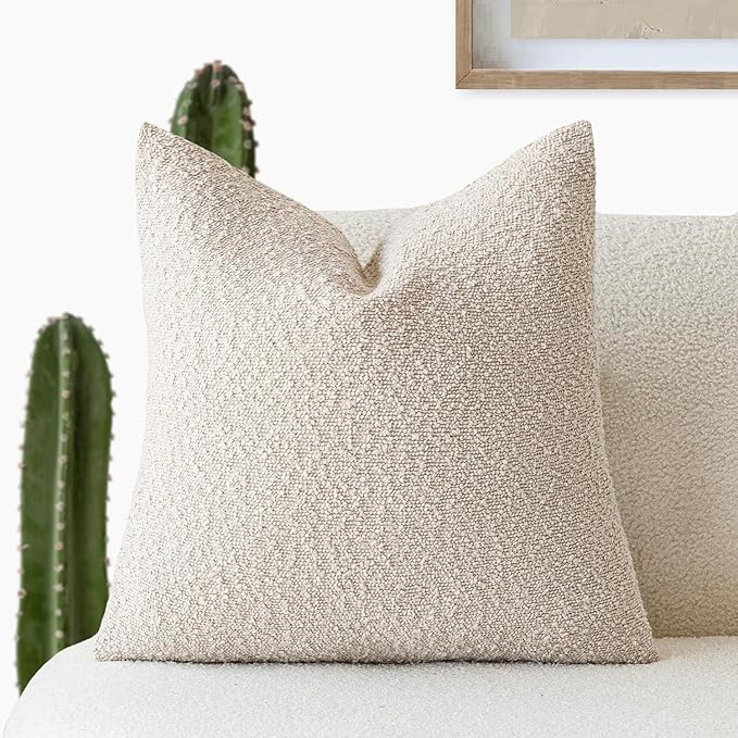 Foindtower Decorative Textured Boucle Throw Pillow Covers Accent Solid Pillow Cases Neutral Soft Cozy Couch Cushion Case for Chair Sofa Bedroom Living Room Home Decor 26 x 26 Inch,Light Beige