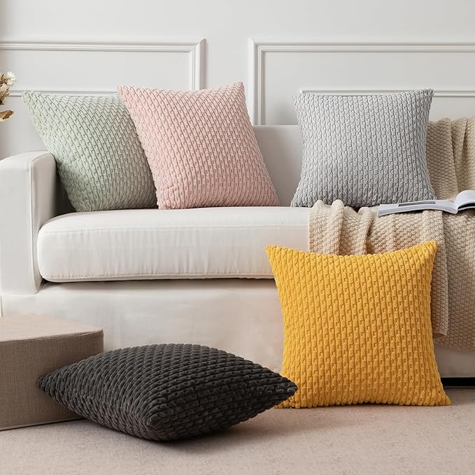 Kevin Textile Decorative Pillow Covers Soft Striped Velvet Throw Pillow Covers Set of 2 Cushion Cover for Chair 18 x 18 Inch Yellow