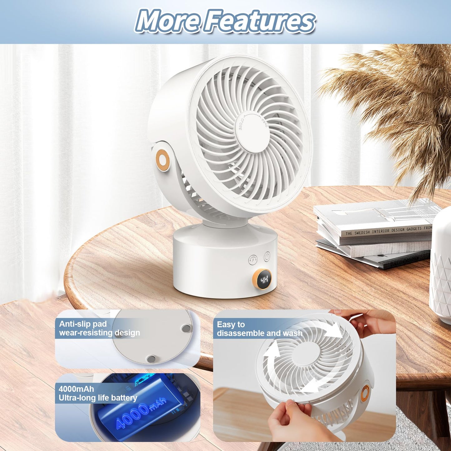 Yincook Desk Fan Small Oscillating for Bedroom, 9 Inch Quiet Desk Fan Air Circulator with 3 Speeds, 4H Timer, Rechargeable Desk Fan for Office/Dorm/Room-White