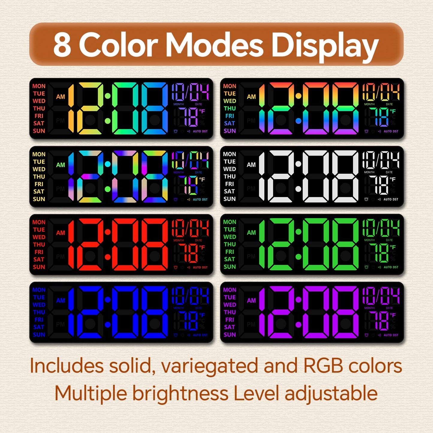 YISILE 16 Inch RGB LED Digital Wall Clock - 8 Color Display, 6 Night Light Modes, Bluetooth Auto Time Sync, Sound Wake-Up, Dual Alarm, Auto DST, Remote Dimmer for Bedroom, Living Room & Gaming Room