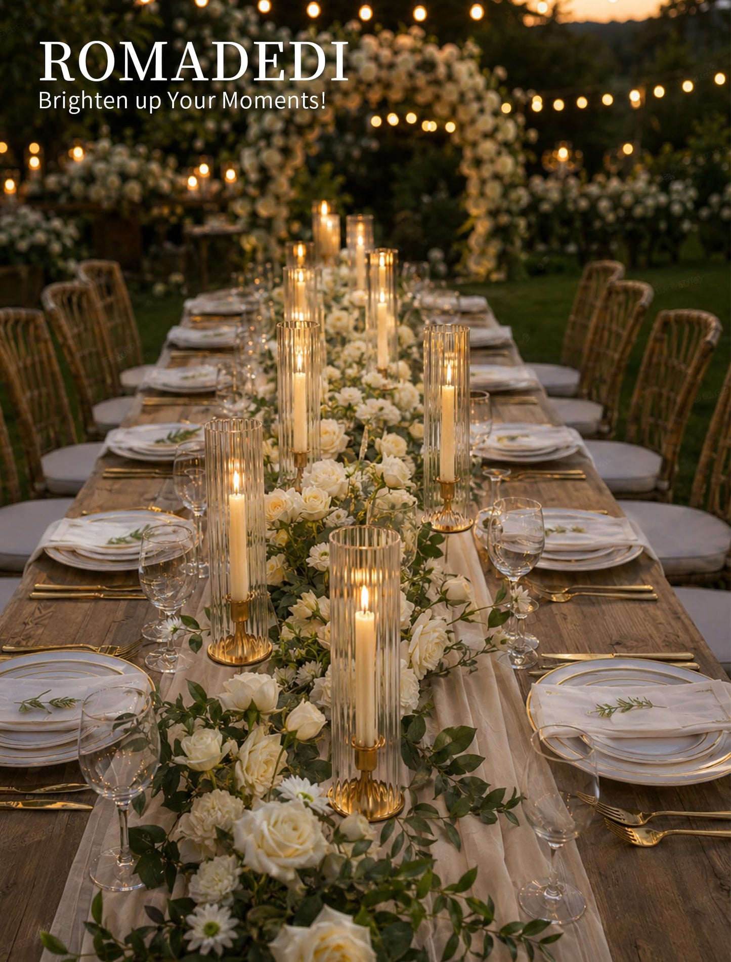 Romadedi Hurricane Glass Candle Holder: Set of 10 Gold Taper Candle Sticks Holder with Ribbed Cylinder Cover & Weighted Base for Table Centerpiece Wedding Christmas Party Outdoor