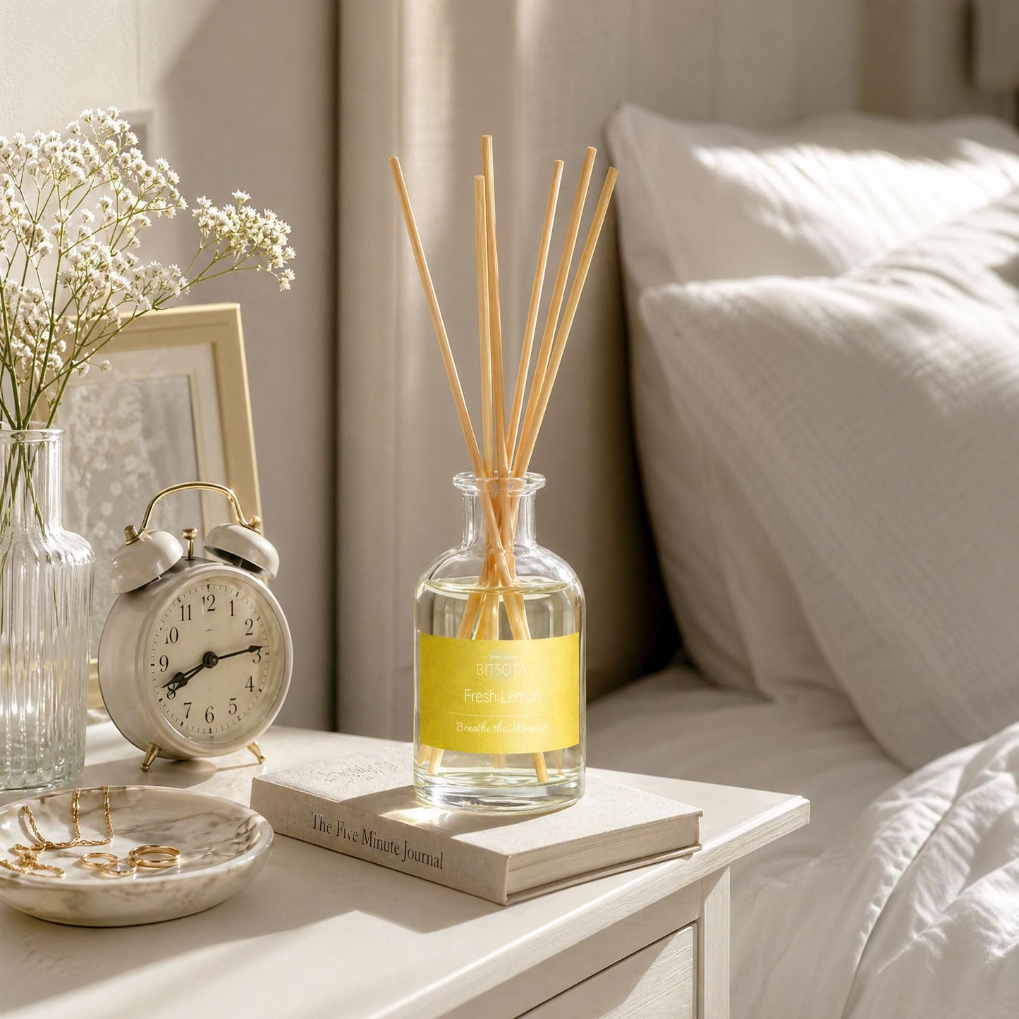 BITSOTA Natural Reed Diffuser Set, Fresh Lemon 3.52 oz (100ml) Scented Diffuser with Sticks Home Fragrance Reed Diffuser for Bathroom Shelf Decor, Ideal Gift for Woman