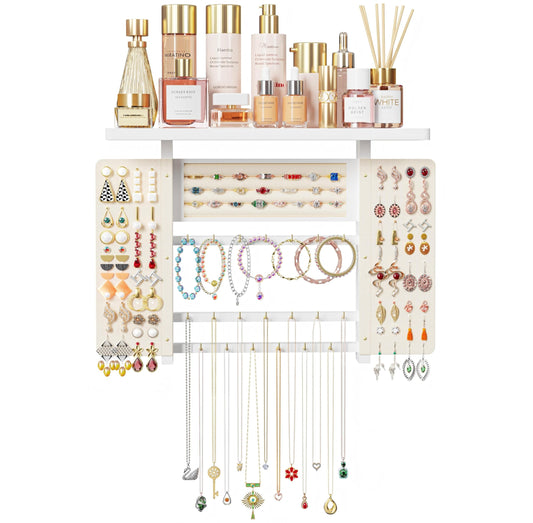 Emfogo Jewelry Organizer Hanging Wall Mounted Jewelry Holder, 5-in-1 Large Capacity Necklace Organizer Wall Hanging Jewelry Display for Ring, Necklaces, Bracelets, Earrings (White)