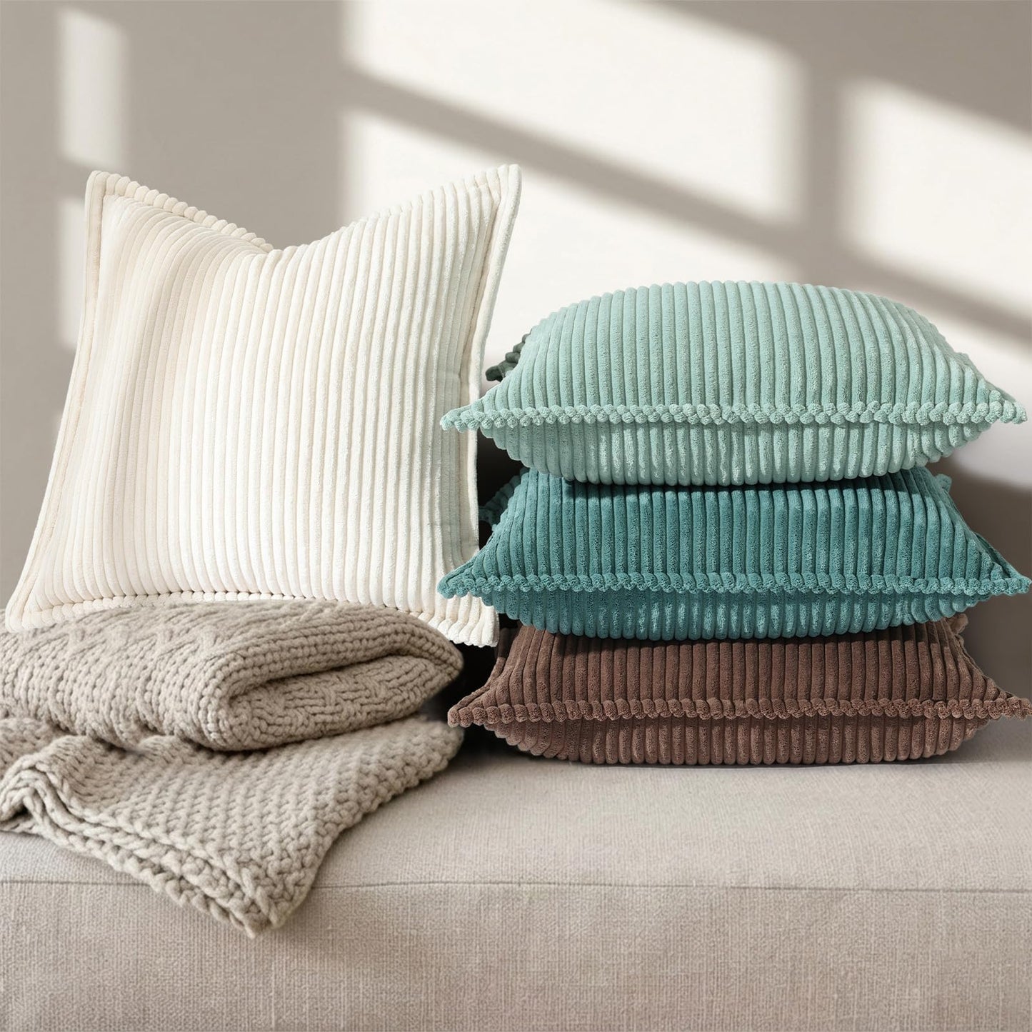 decorUhome Summer Corduroy Teal Euro Sham Throw Pillow Covers 26x26 Set of 2 Decorative Soft Boho Farmhouse Couch Pillow Covers for Living Room Bed Sofa Broadside Striped Pillow Cases