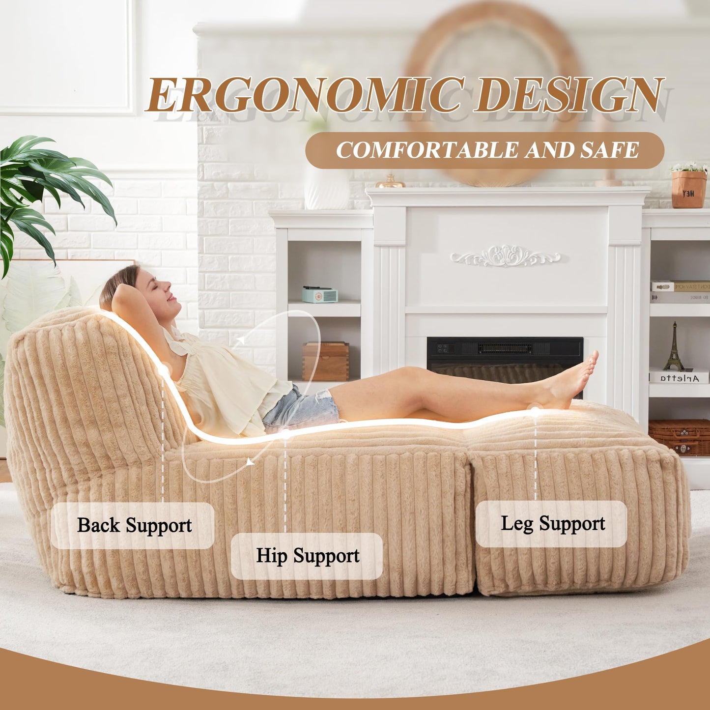 Bean Bag Chairs for Adults Giant Bean Bag Chair Memory Foam BeanBag Chair Bean Bag Sofa with Filler Faux Fur Fireside Beanbags Lazy Sofa for Living Room Bedroom Office (Khaki, Large)