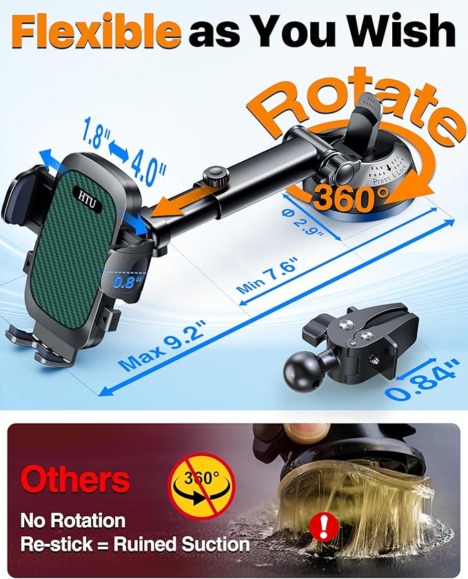2026 Ultimate Best【True Military-Grade & Safety Cert】Car Phone Holder HTU【Upgraded 5-in-1 & 100+LBS Strongest Suction】360 Rotation Truck Windshield Dashboard Vent Mount Stand for iPhone Android, Green