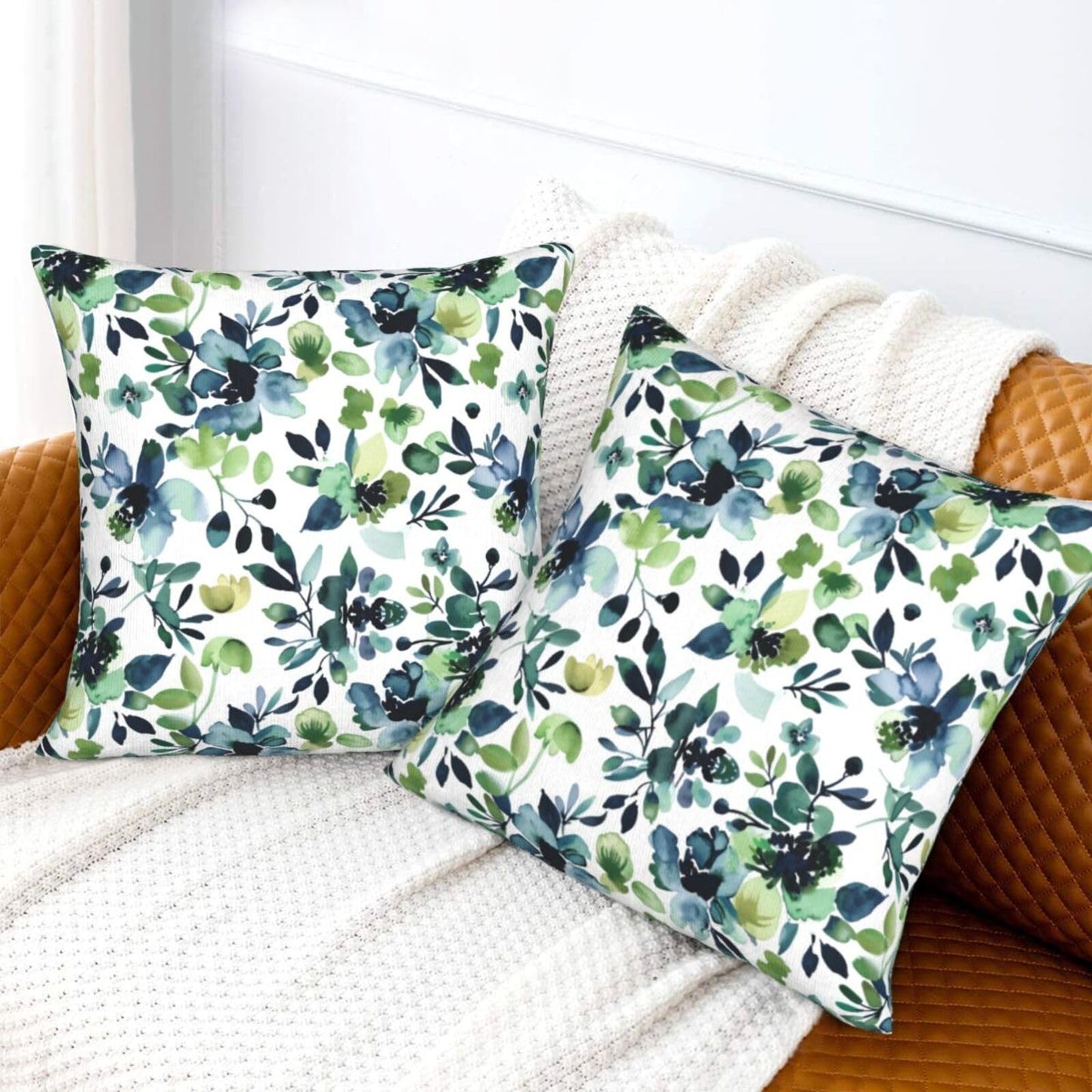 NOIRDAREL Spring Floral Pillow Covers 18x18 Inch Set of 2 Watercolor Sage Green Blue Flower Throw Pillow Cover Summer Floral Square Pillowcase Cushion Cases for Home Couch Bed Sofa
